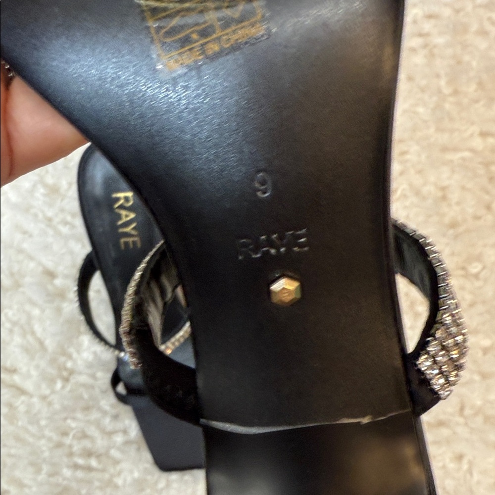 🪣🧽 RAYE Artemis Heel Open-Toed Black Satin Heels with Crystal Strap Size 9 - Picture 4 of 8
